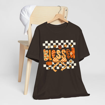 Blessed Checkerboard Pumpkin Shirt – Christian Thankful Fall Thanksgiving Tee