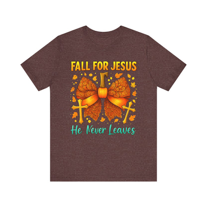 Fall for Jesus He Never Leaves Shirt – Christian Pumpkin Bow Thanksgiving Tee