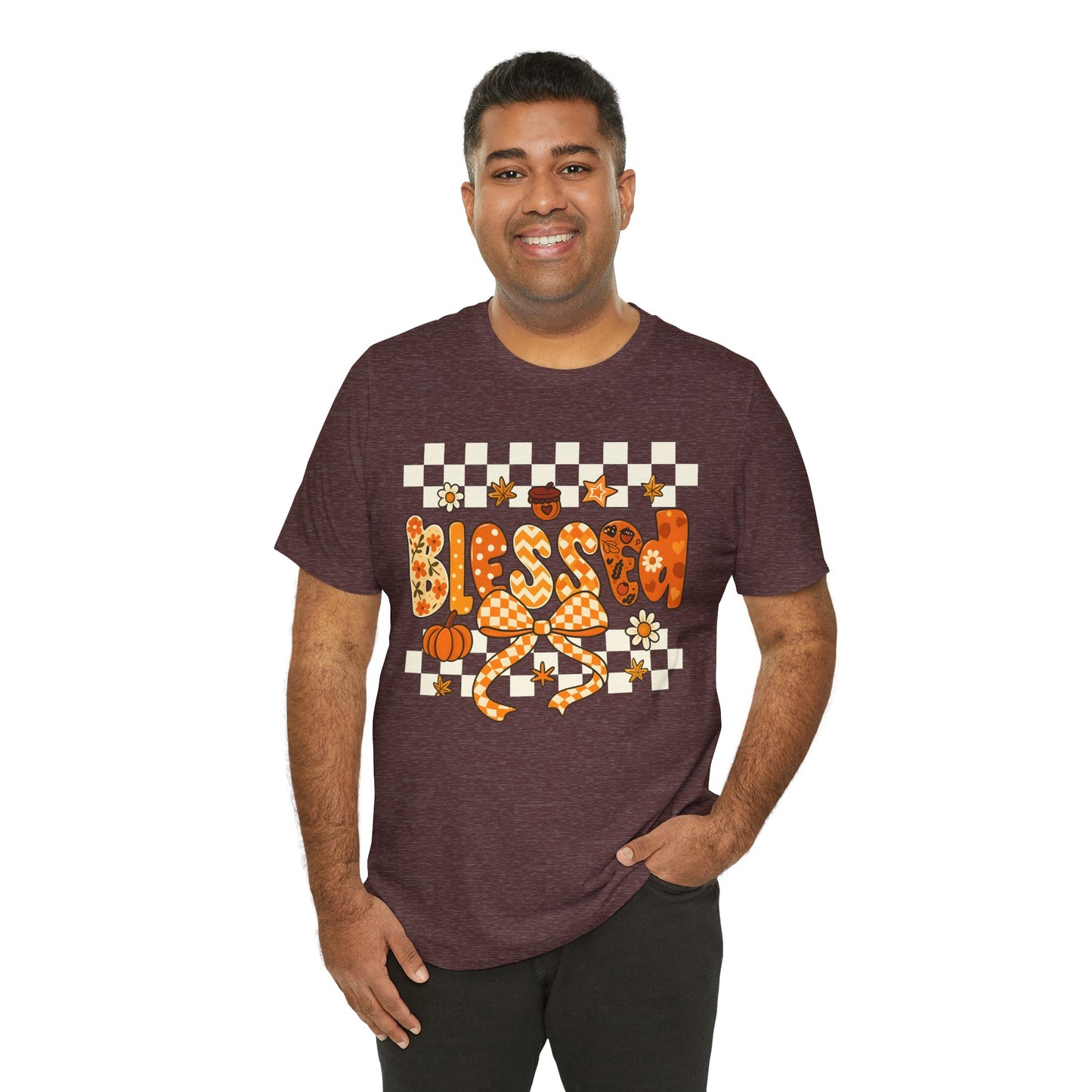 Blessed Checkerboard Pumpkin Shirt – Christian Thankful Fall Thanksgiving Tee