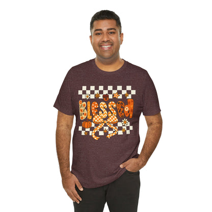 Blessed Checkerboard Pumpkin Shirt – Christian Thankful Fall Thanksgiving Tee