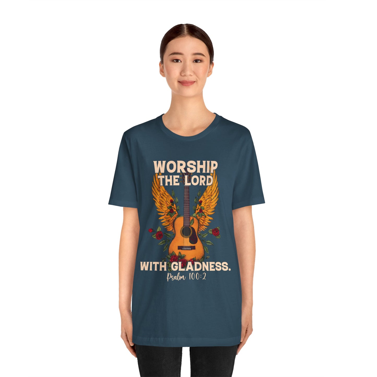 Retro Worship the Lord with Gladness Shirt – Psalm 100:2 Guitar Christian Tee
