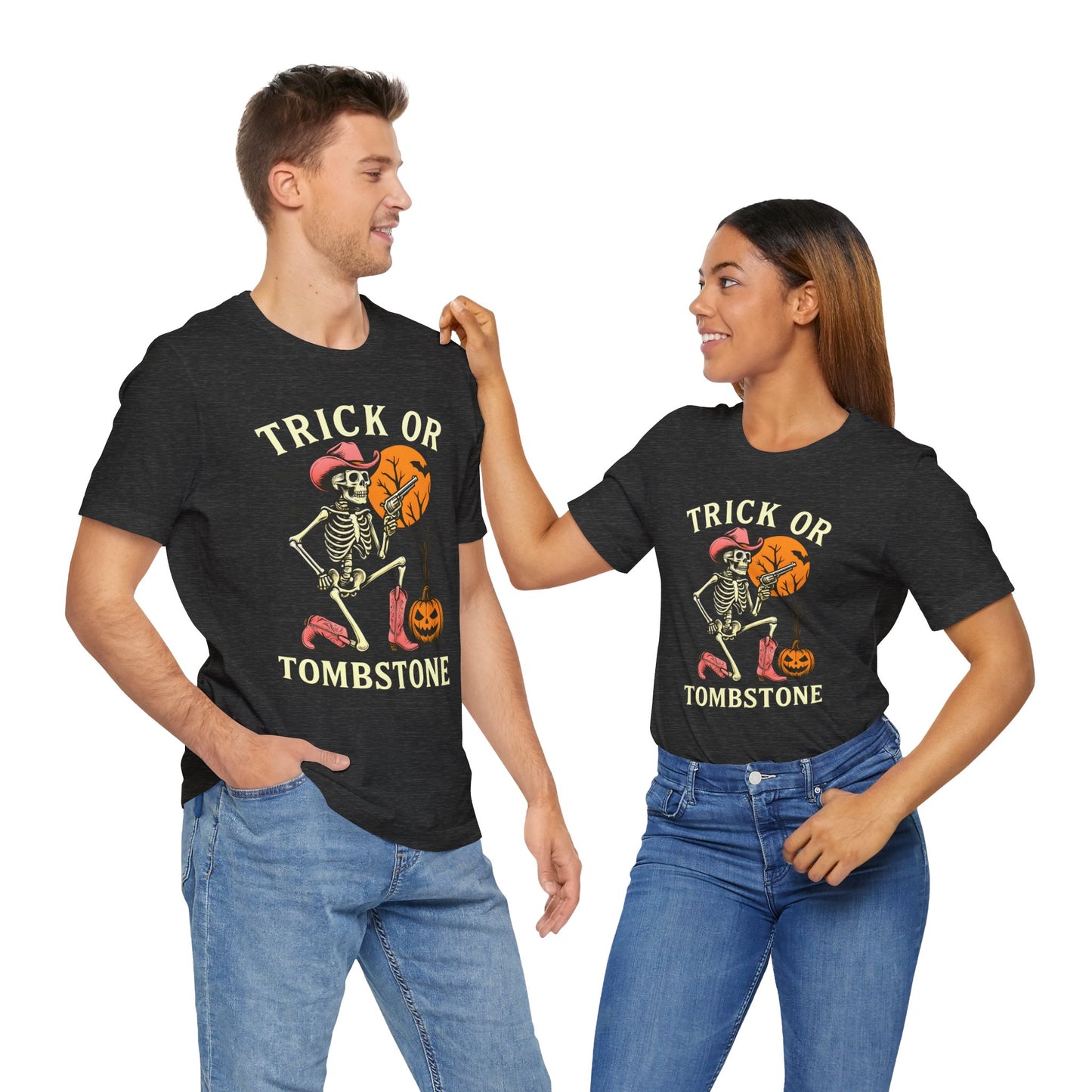 Trick or Tombstone Shirt Funny Skeleton Cowboy Halloween Tee, Spooky Western Rodeo Outfit