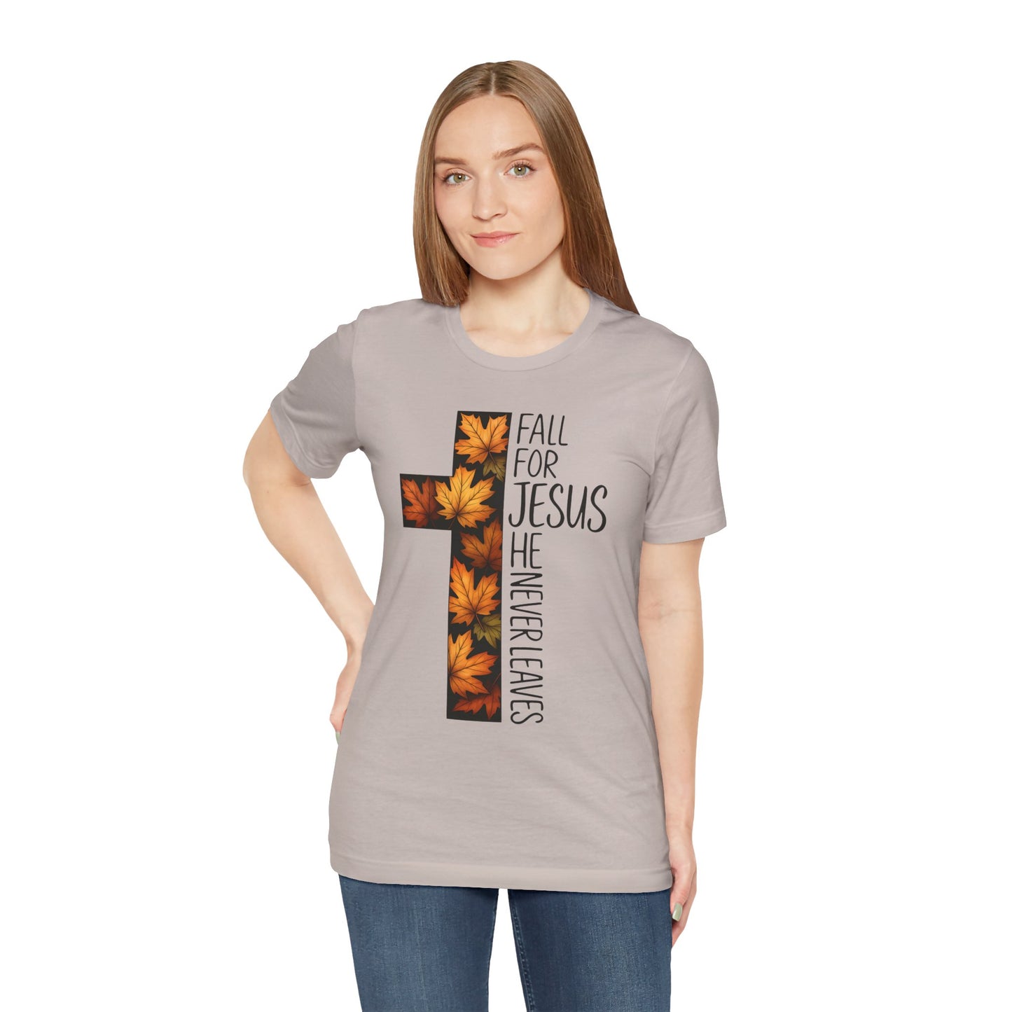 Fall for Jesus He Never Leaves Shirt – Retro Christian Cross Thanksgiving Tee