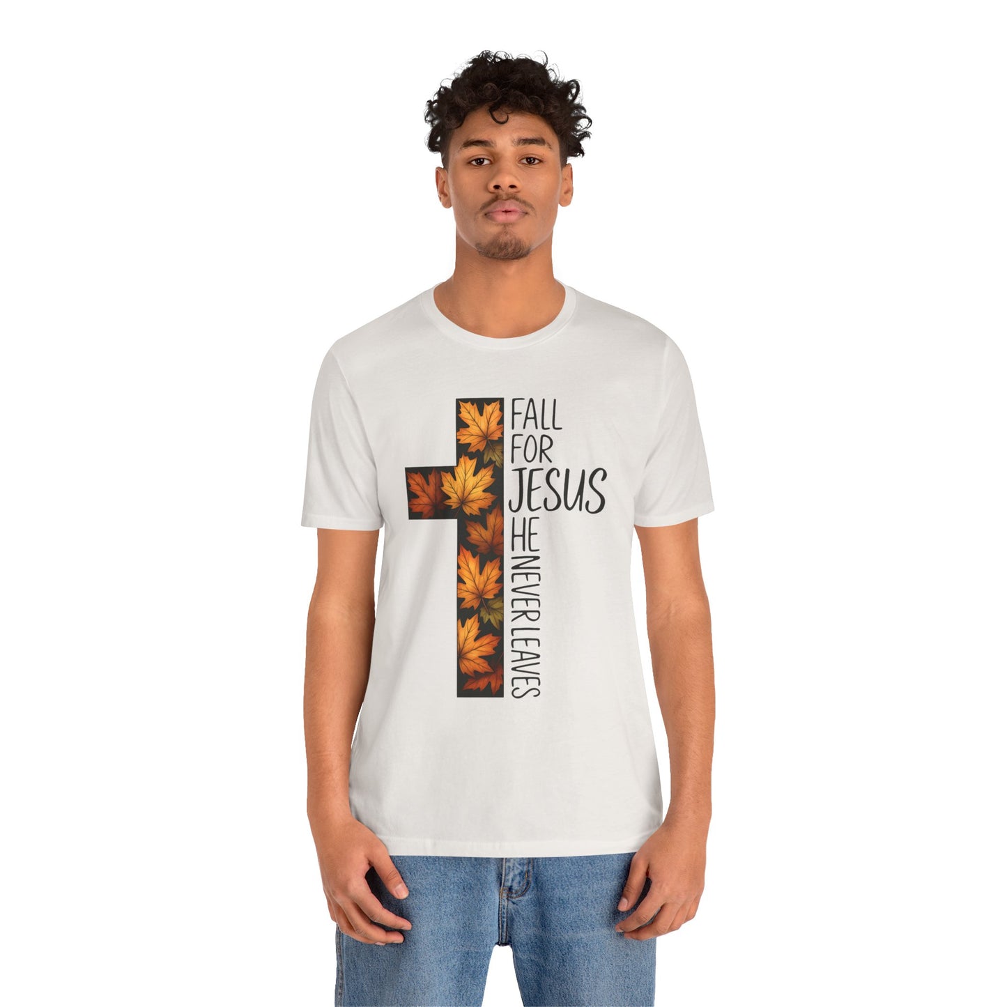 Fall for Jesus He Never Leaves Shirt – Retro Christian Cross Thanksgiving Tee