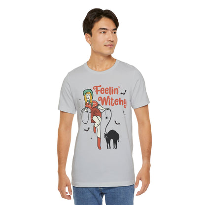 Feelin’ Witchy Shirt Vintage Pin-Up Witch & Black Cat Halloween Tee