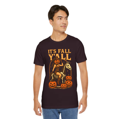 It’s Fall Y’all Shirt – Pumpkin Head Cowgirl Skeleton Horse Western Tee