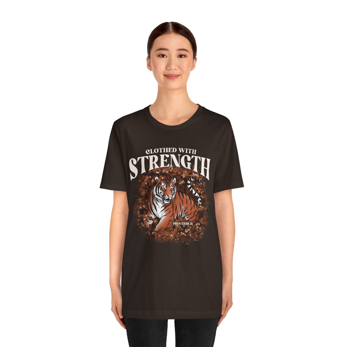 Clothed With Strength Shirt – Christian Tiger Cherry Blossom Proverbs 31:25 Tee