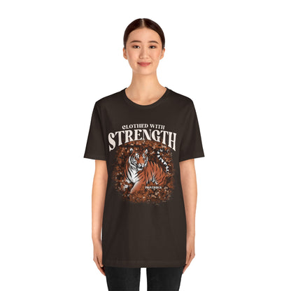 Clothed With Strength Shirt – Christian Tiger Cherry Blossom Proverbs 31:25 Tee