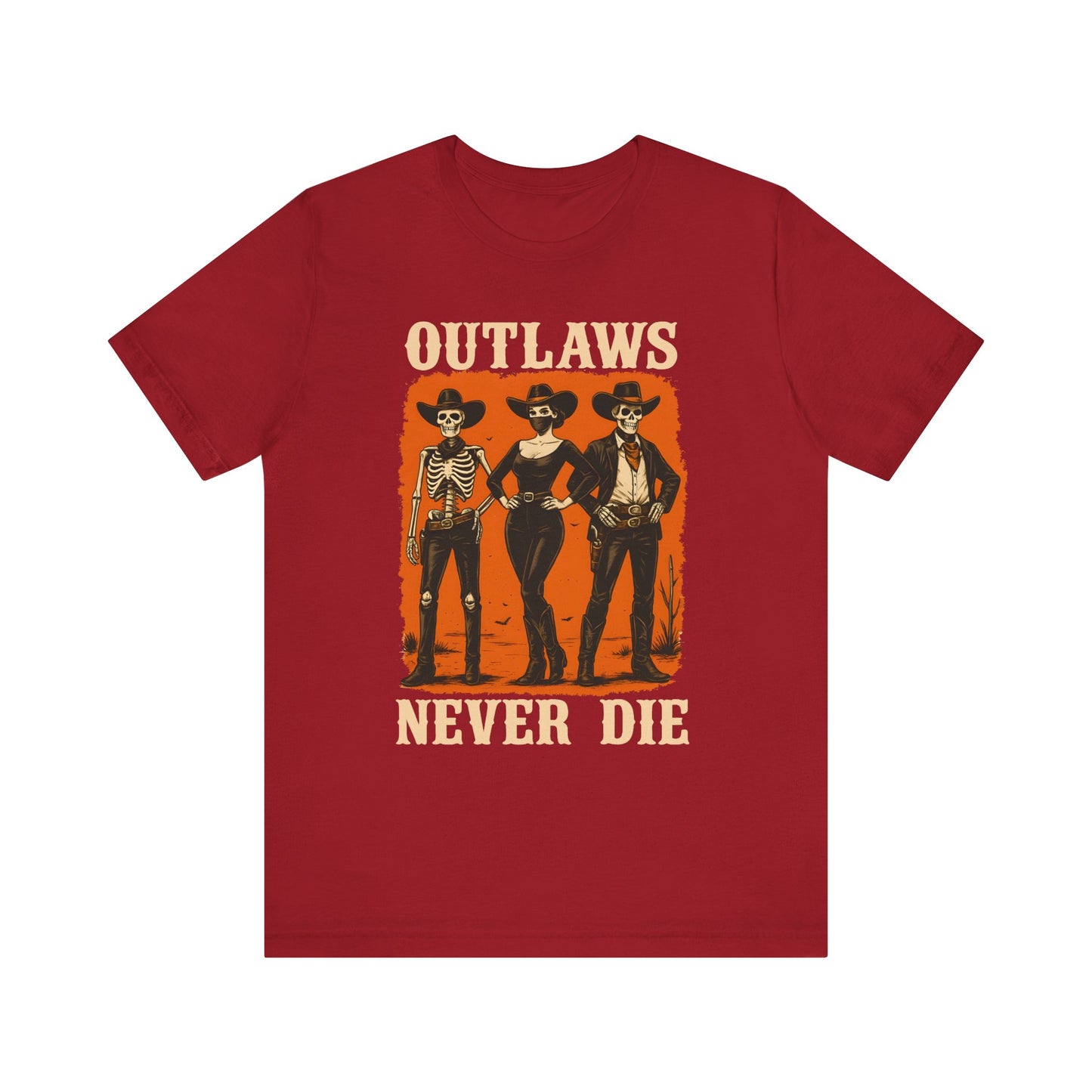 Outlaws Never Die Shirt – Gothic Western Skeleton Cowboy Halloween Tee