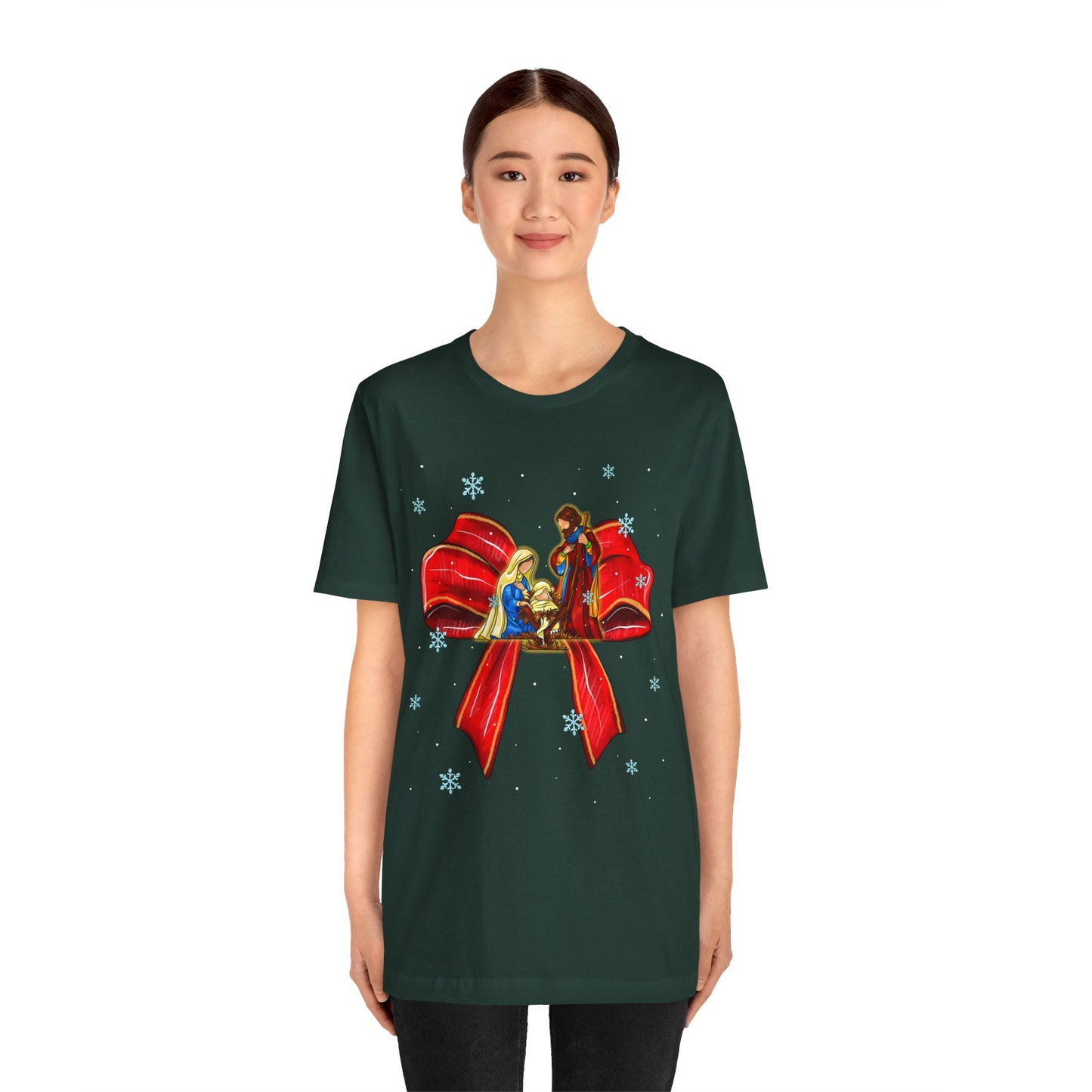 Nativity Scene Christmas Shirt – Coquette Bow Faith Holiday Pajama Tee