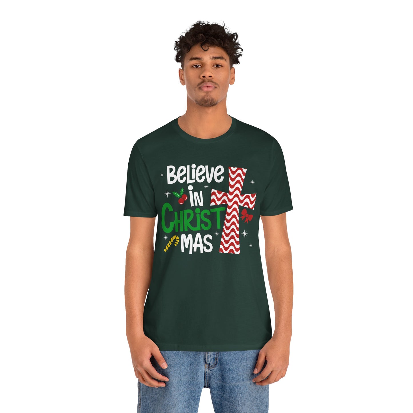 Believe in Christ Christmas Shirt – Christian Faith Jesus Cross Holiday Tee