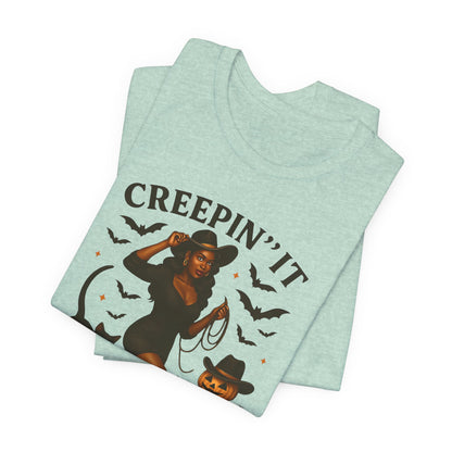 Creepin’ It Country Shirt – Spooky Cowgirl Pumpkin Western Halloween Tee