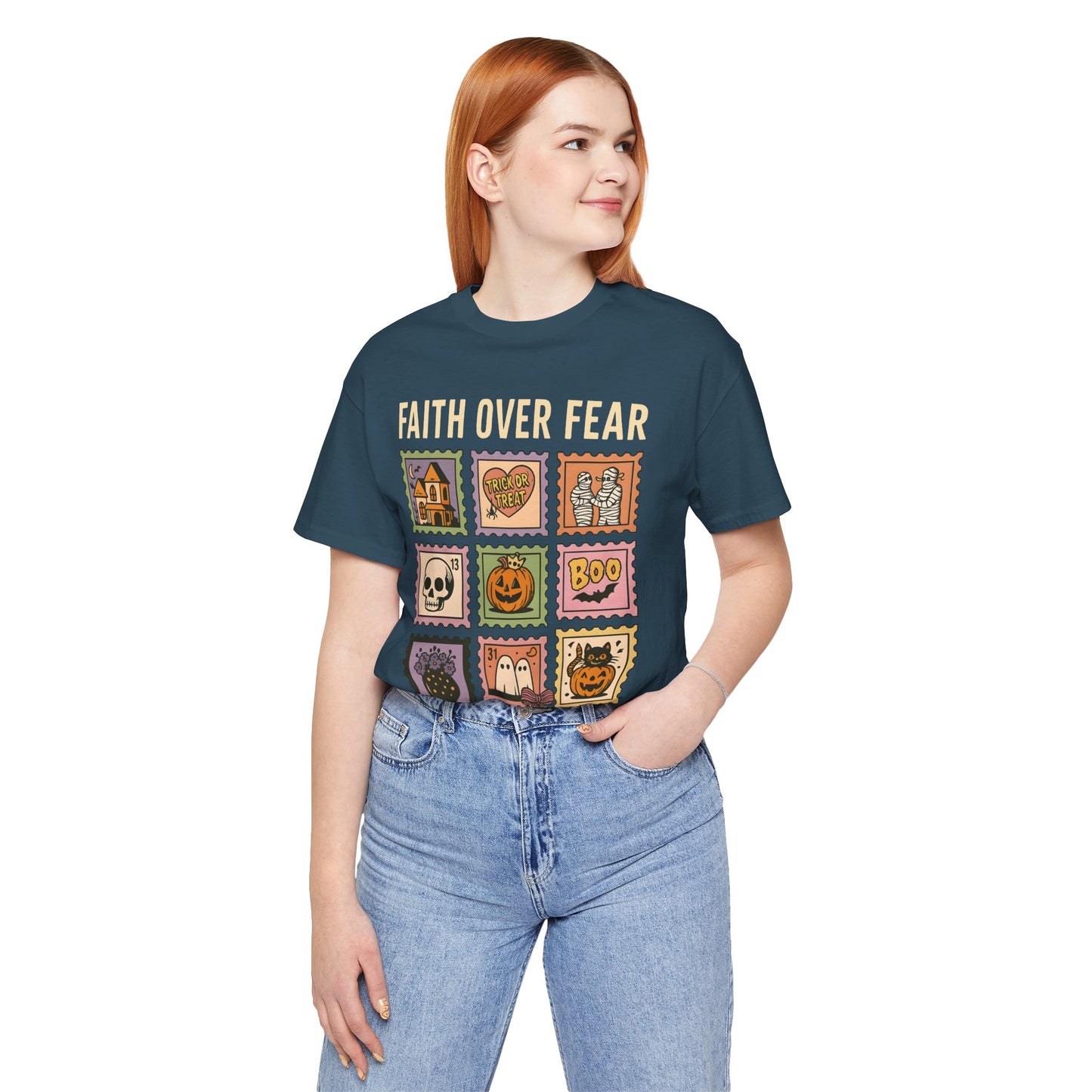 Faith Over Fear Shirt, Christian Halloween Stamp T-Shirt, Religious Spooky Season Tee
