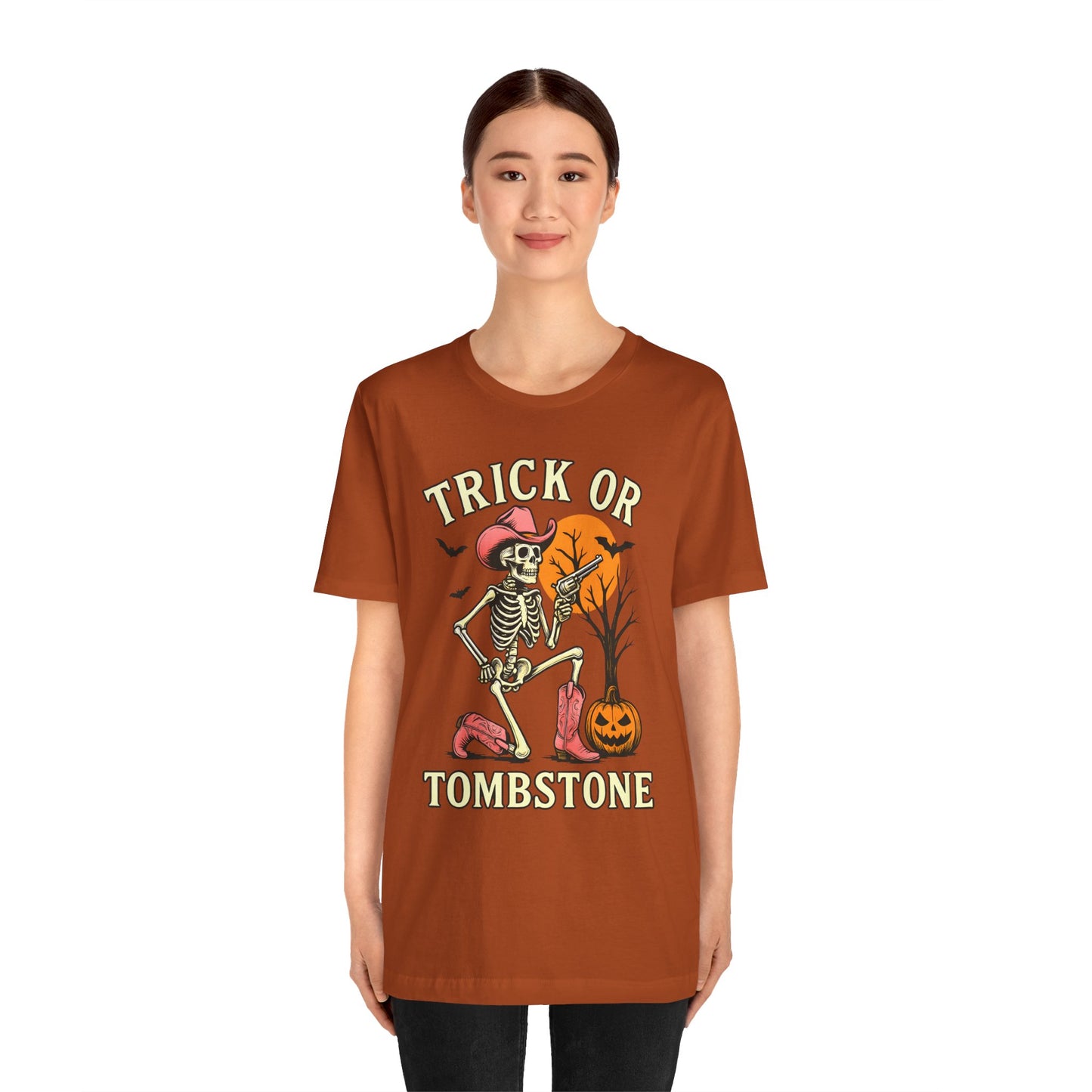 Trick or Tombstone Shirt Funny Skeleton Cowboy Halloween Tee, Spooky Western Rodeo Outfit