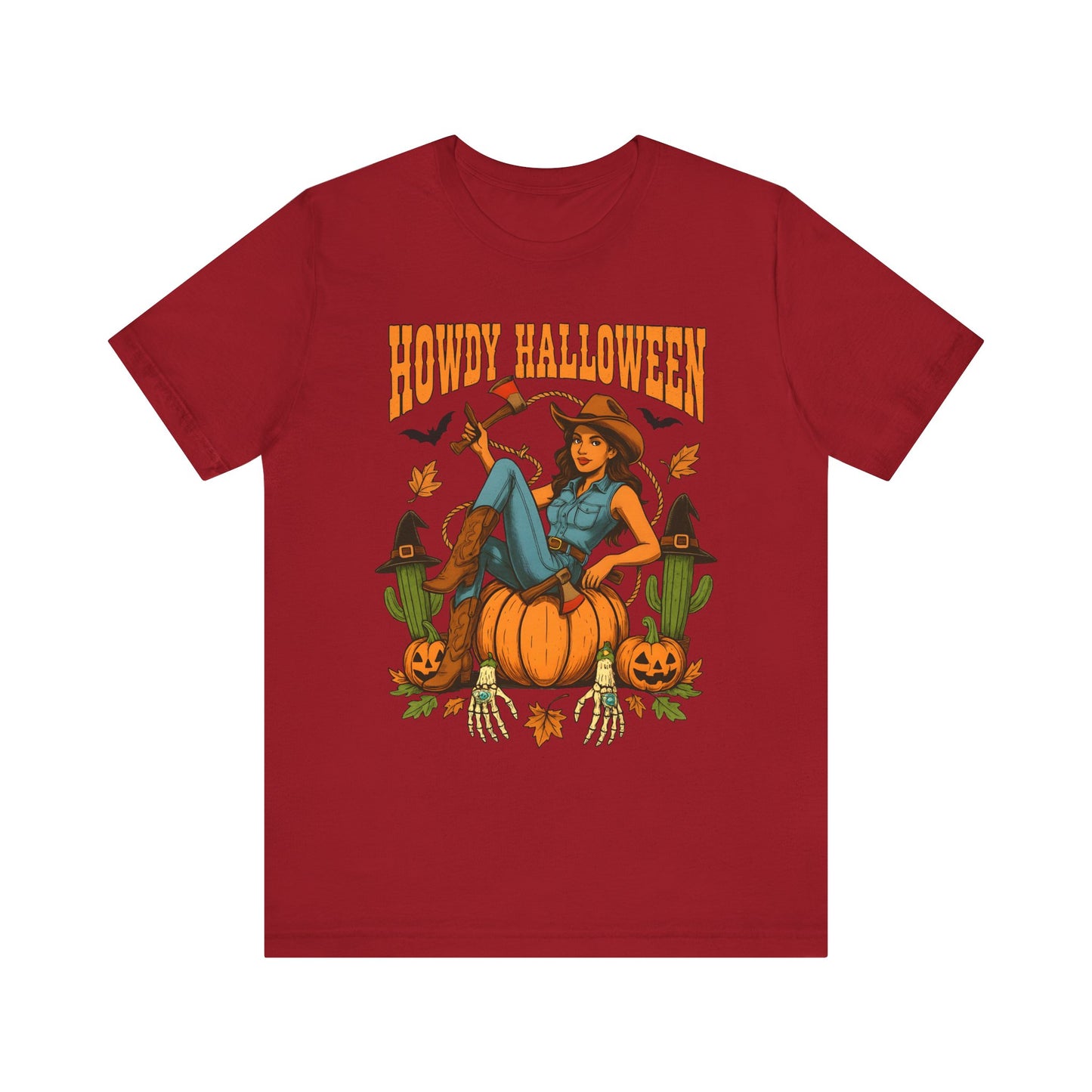 Howdy Halloween Shirt – Cowgirl on Pumpkin Tee with Skeleton Hands