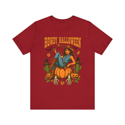Howdy Halloween Shirt – Cowgirl on Pumpkin Tee with Skeleton Hands
