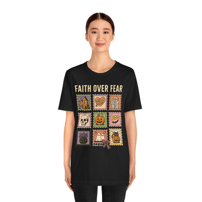 Faith Over Fear Shirt, Christian Halloween Stamp T-Shirt, Religious Spooky Season Tee