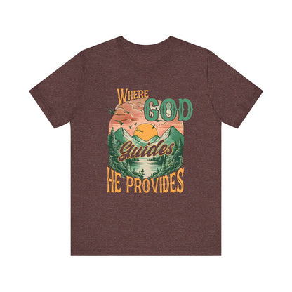 Where God Guides He Provides Shirt – Mountain Sunset Retro Christian Tee