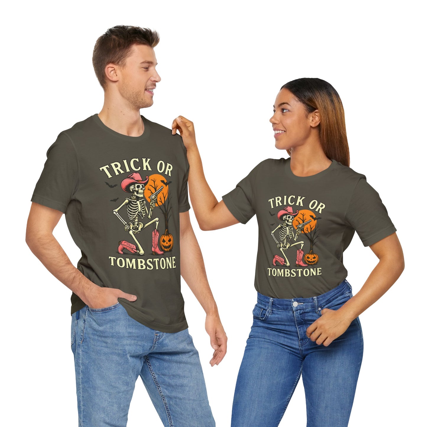 Trick or Tombstone Shirt Funny Skeleton Cowboy Halloween Tee, Spooky Western Rodeo Outfit