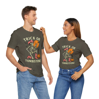 Trick or Tombstone Shirt Funny Skeleton Cowboy Halloween Tee, Spooky Western Rodeo Outfit