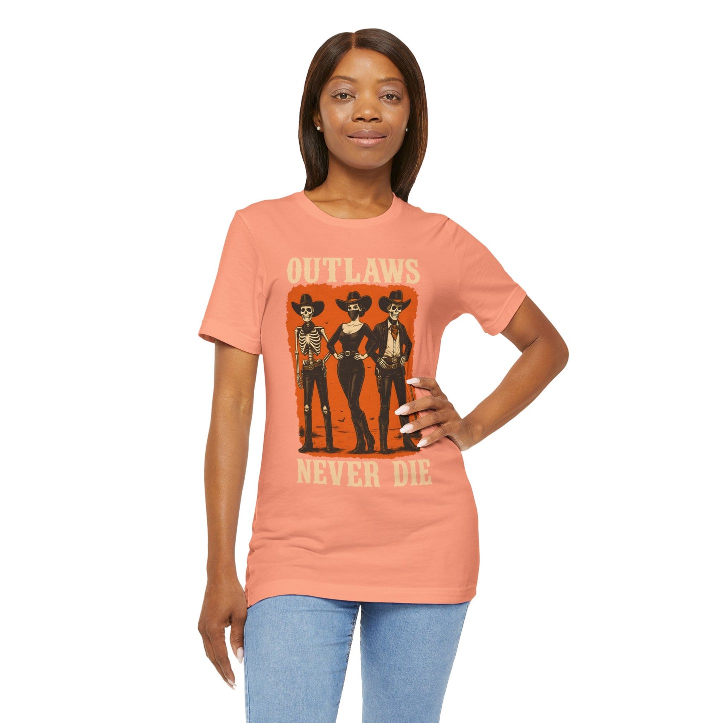 Outlaws Never Die Shirt – Gothic Western Skeleton Cowboy Halloween Tee