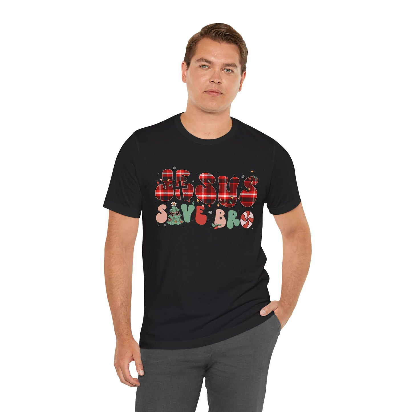 Groovy Jesus Saves Bro Shirt – Retro Red Plaid Christian Christmas Tee