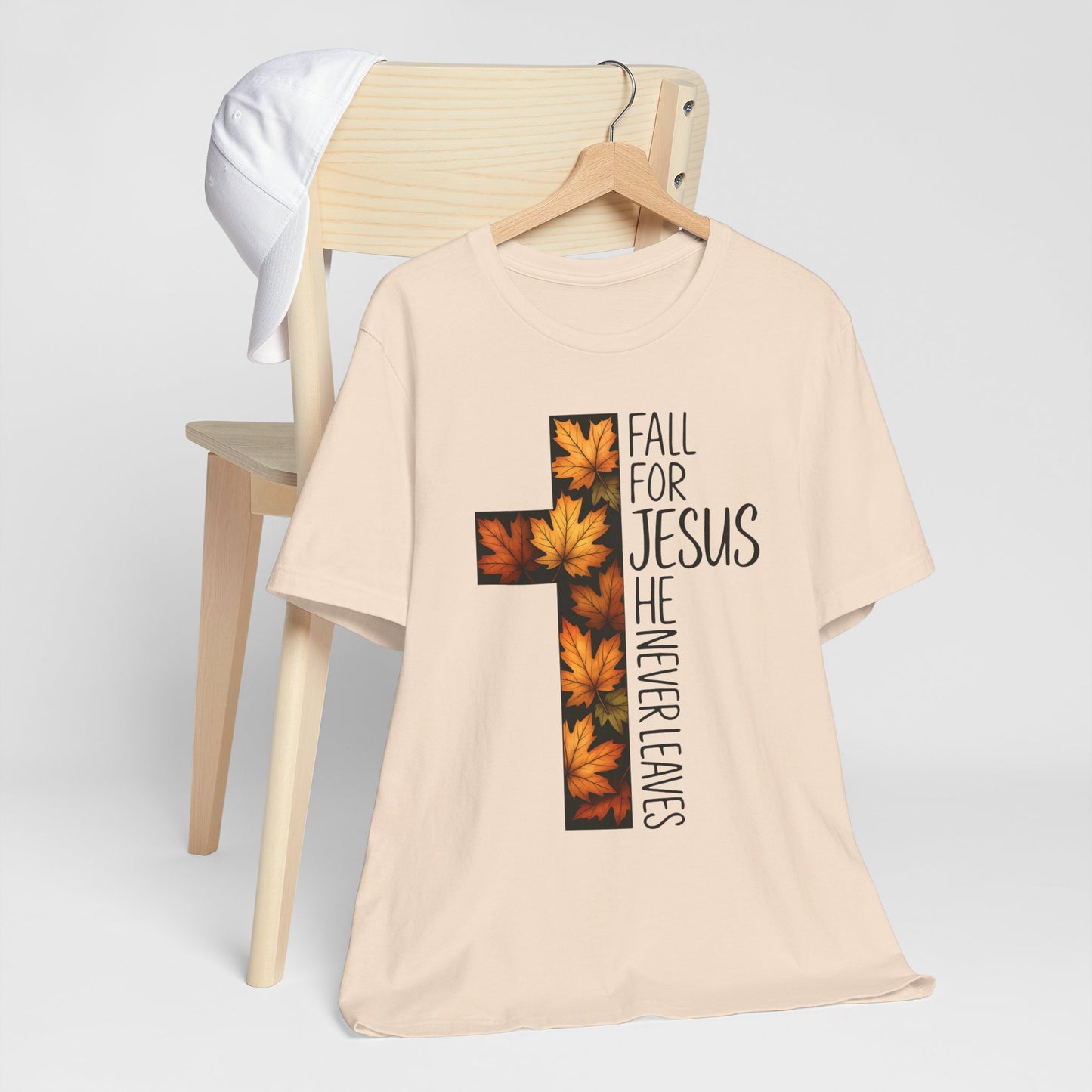 Fall for Jesus He Never Leaves Shirt – Retro Christian Cross Thanksgiving Tee