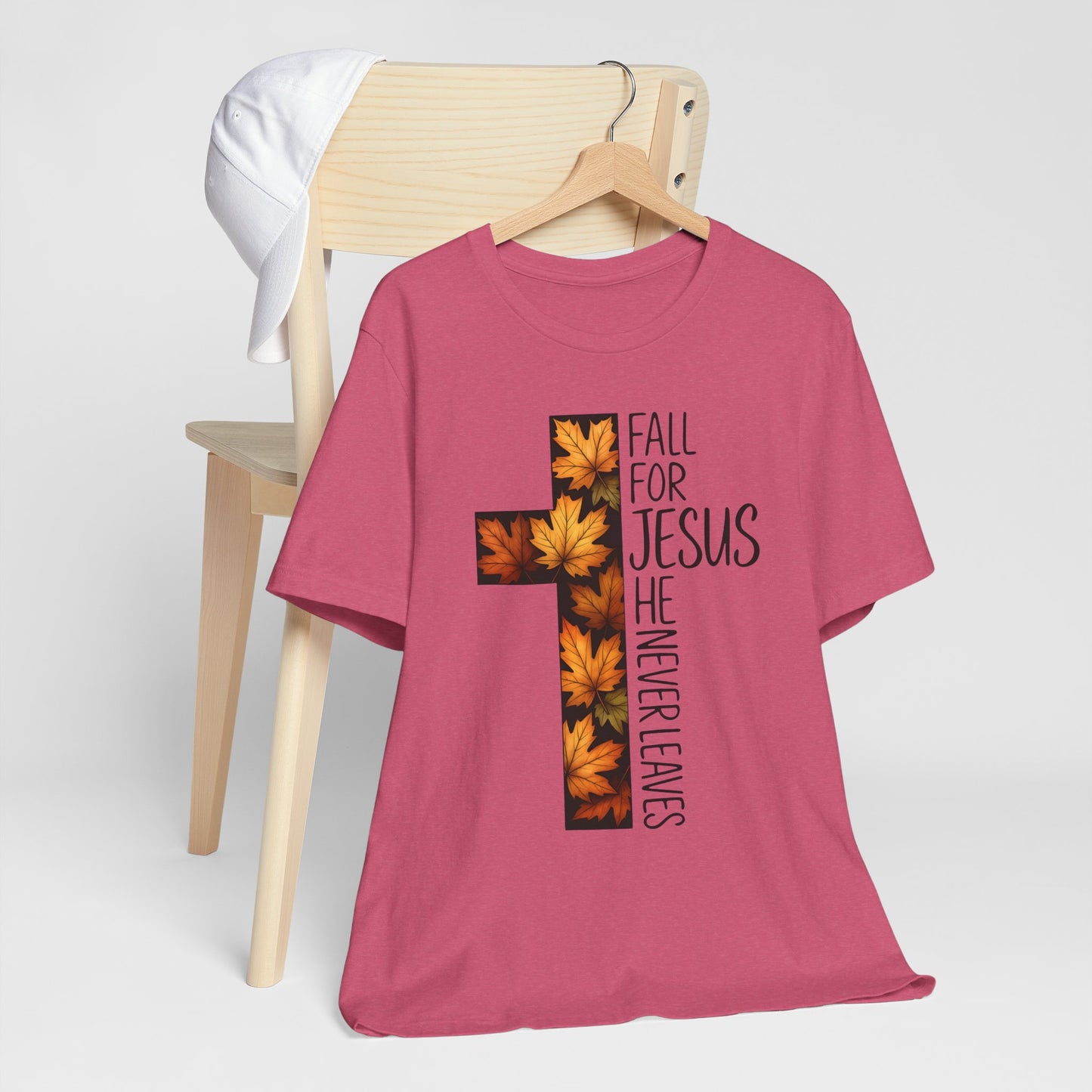 Fall for Jesus He Never Leaves Shirt – Retro Christian Cross Thanksgiving Tee