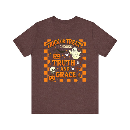 Trick or Treat I Choose Truth and Grace Shirt – Christian Halloween Faith Tee