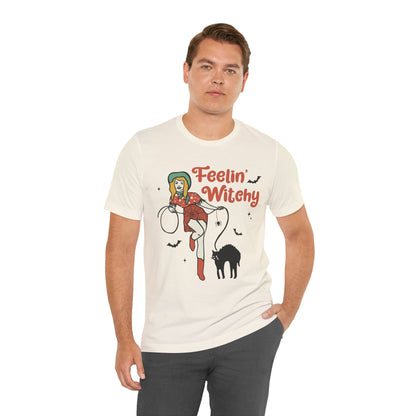 Feelin’ Witchy Shirt Vintage Pin-Up Witch & Black Cat Halloween Tee