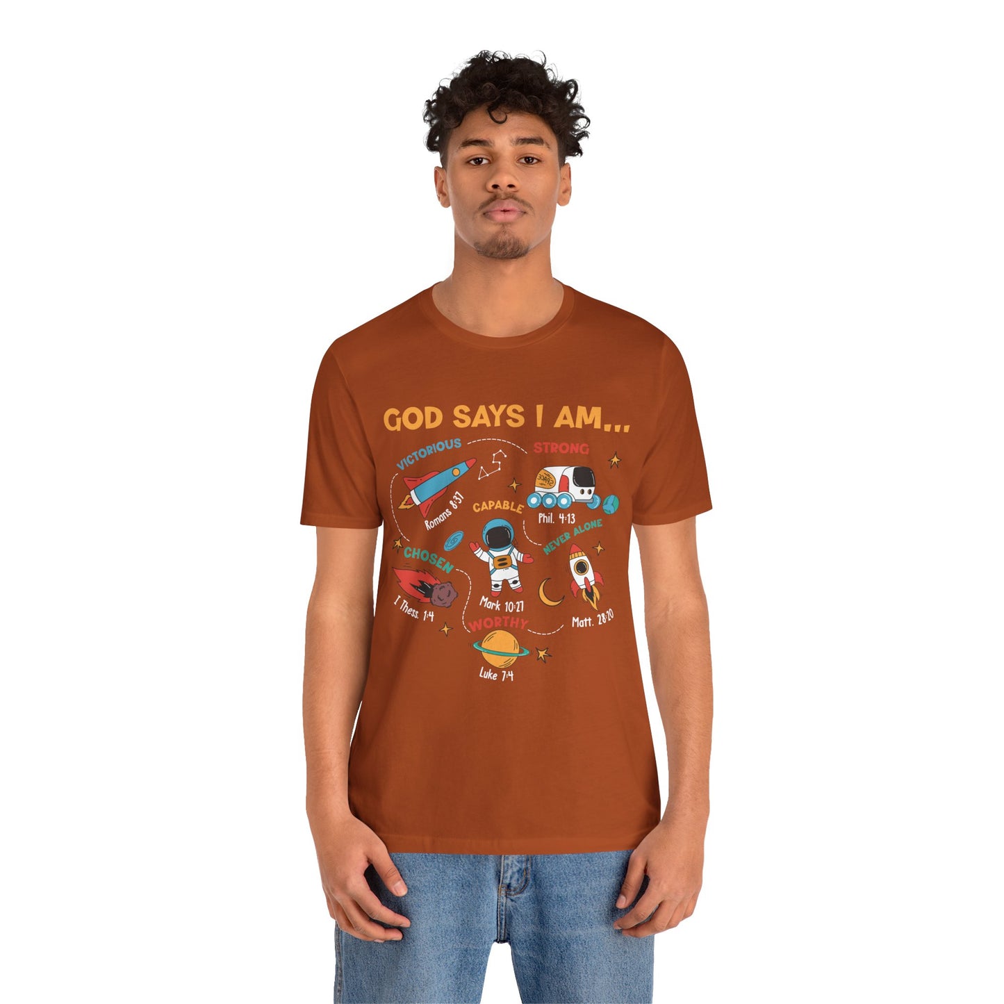 God Says I Am Kids Shirt – Christian Astronaut Space Galaxy Bible Affirmation Tee