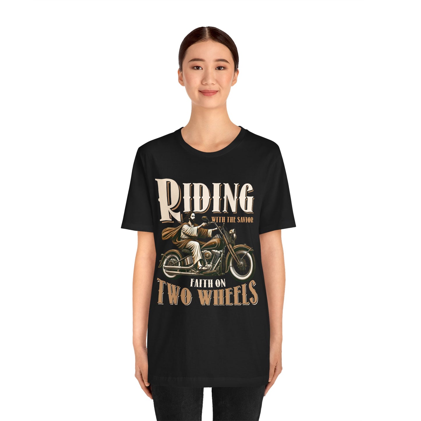 Riding With the Savior Shirt – Christian Biker Motorcycle Faith Graphic Tee