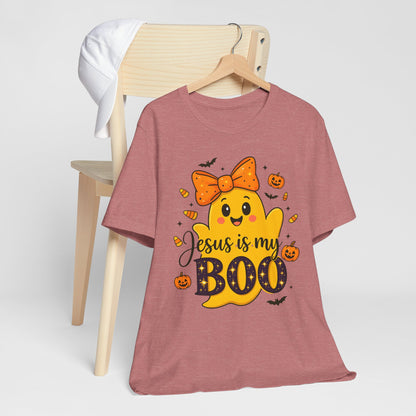Jesus Is My Boo Shirt – Cute Christian Ghost with Bow Halloween Faith Tee