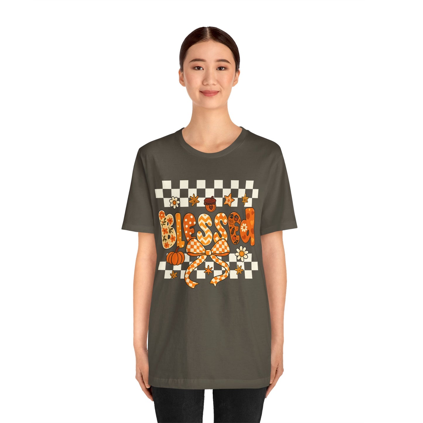 Blessed Checkerboard Pumpkin Shirt – Christian Thankful Fall Thanksgiving Tee