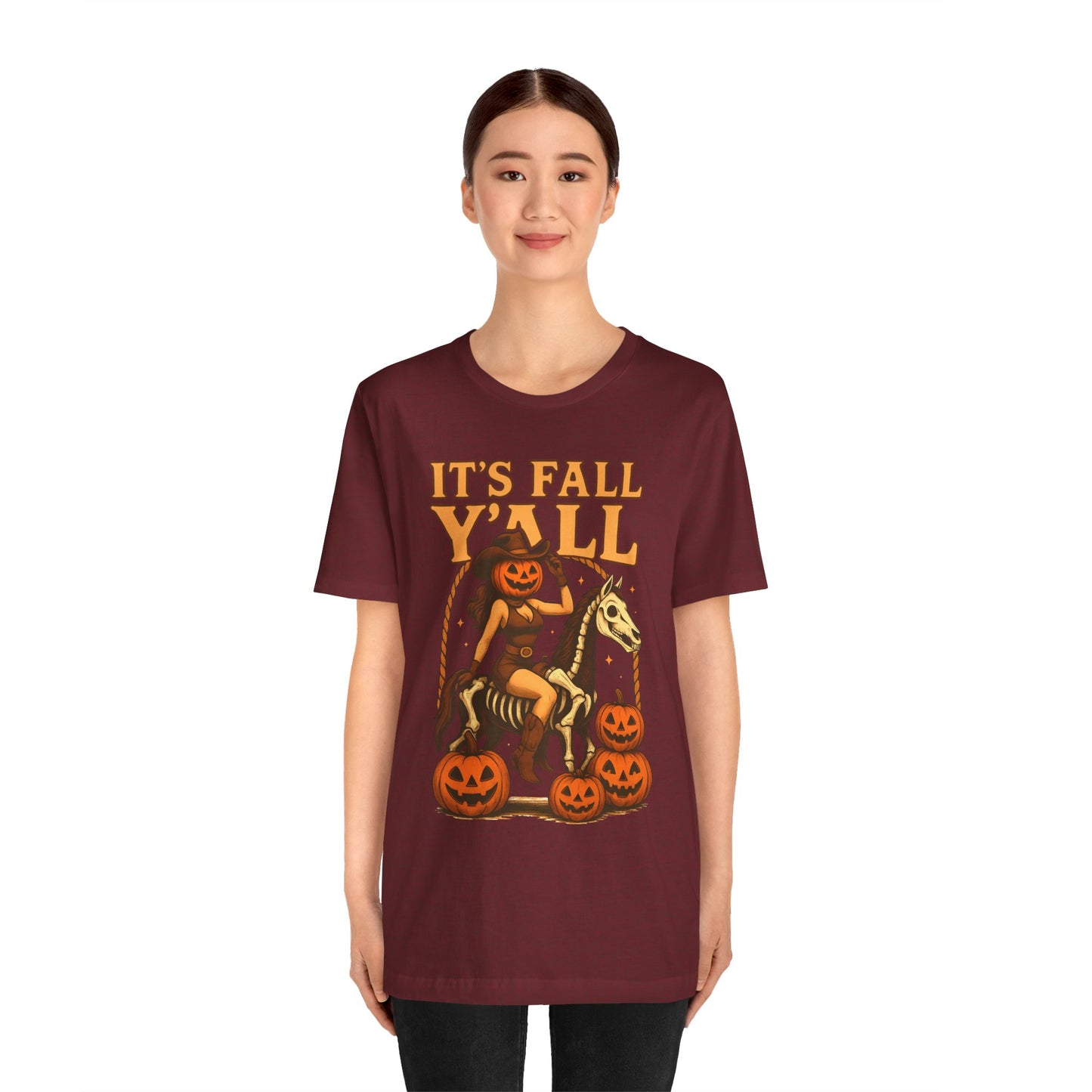 It’s Fall Y’all Shirt – Pumpkin Head Cowgirl Skeleton Horse Western Tee