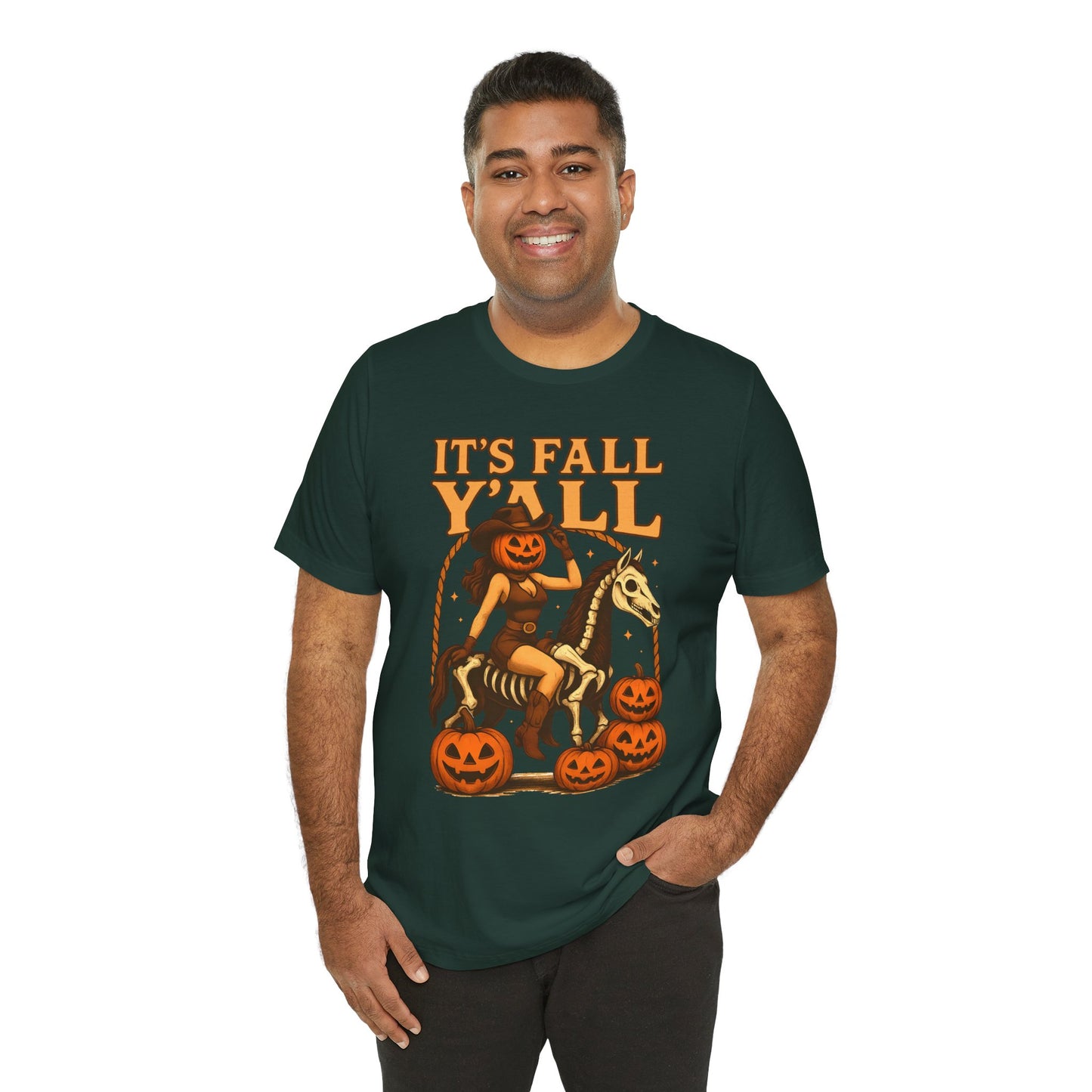 It’s Fall Y’all Shirt – Pumpkin Head Cowgirl Skeleton Horse Western Tee