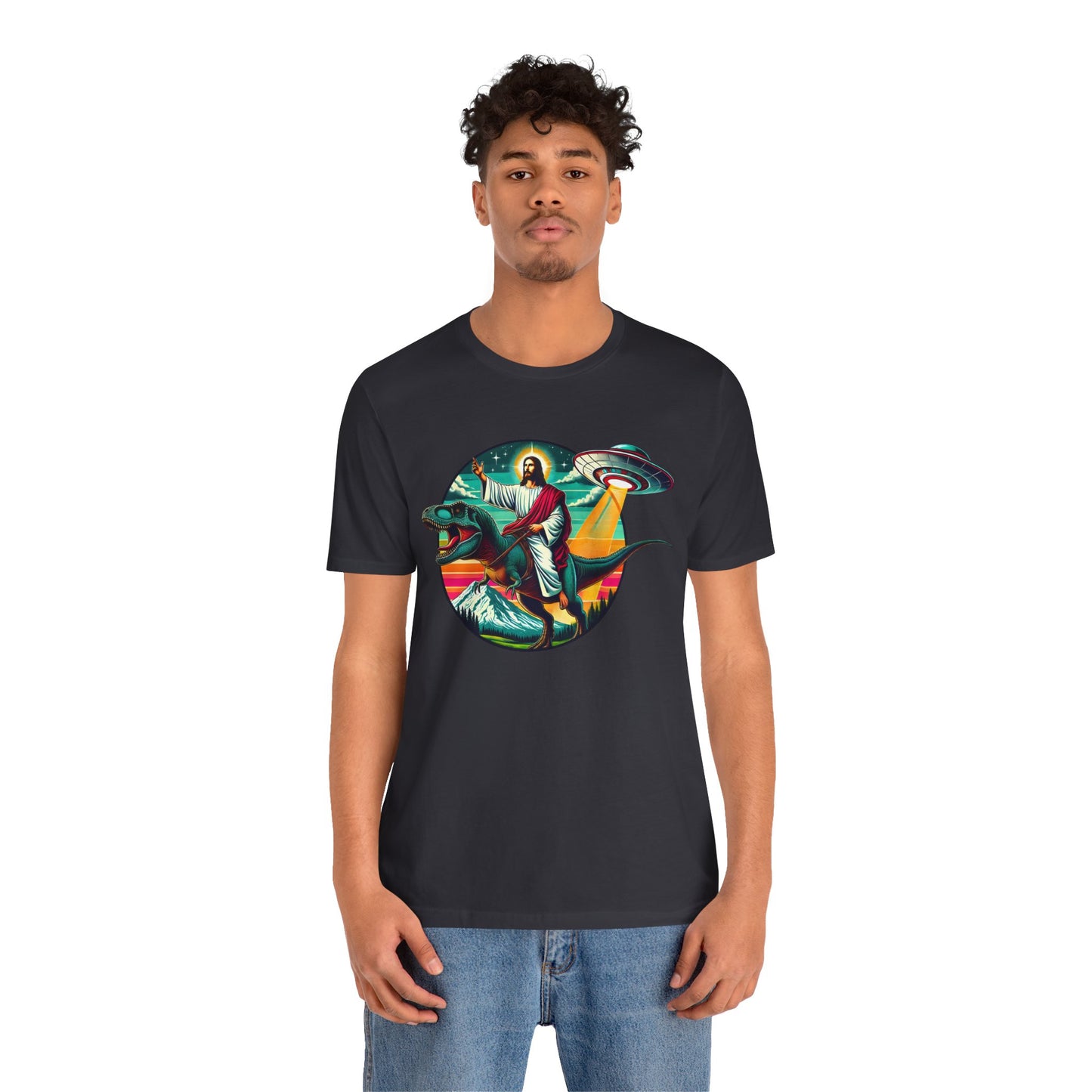 Jesus Riding Dinosaur Shirt – UFO Alien Cross Retro Christian God Tee