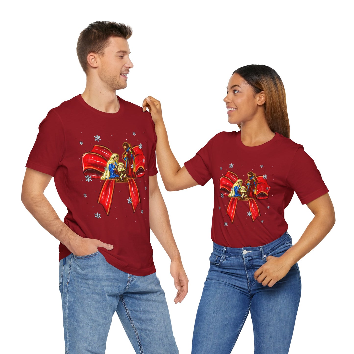 Nativity Scene Christmas Shirt – Coquette Bow Faith Tee, Jesus Holiday Pajama Top