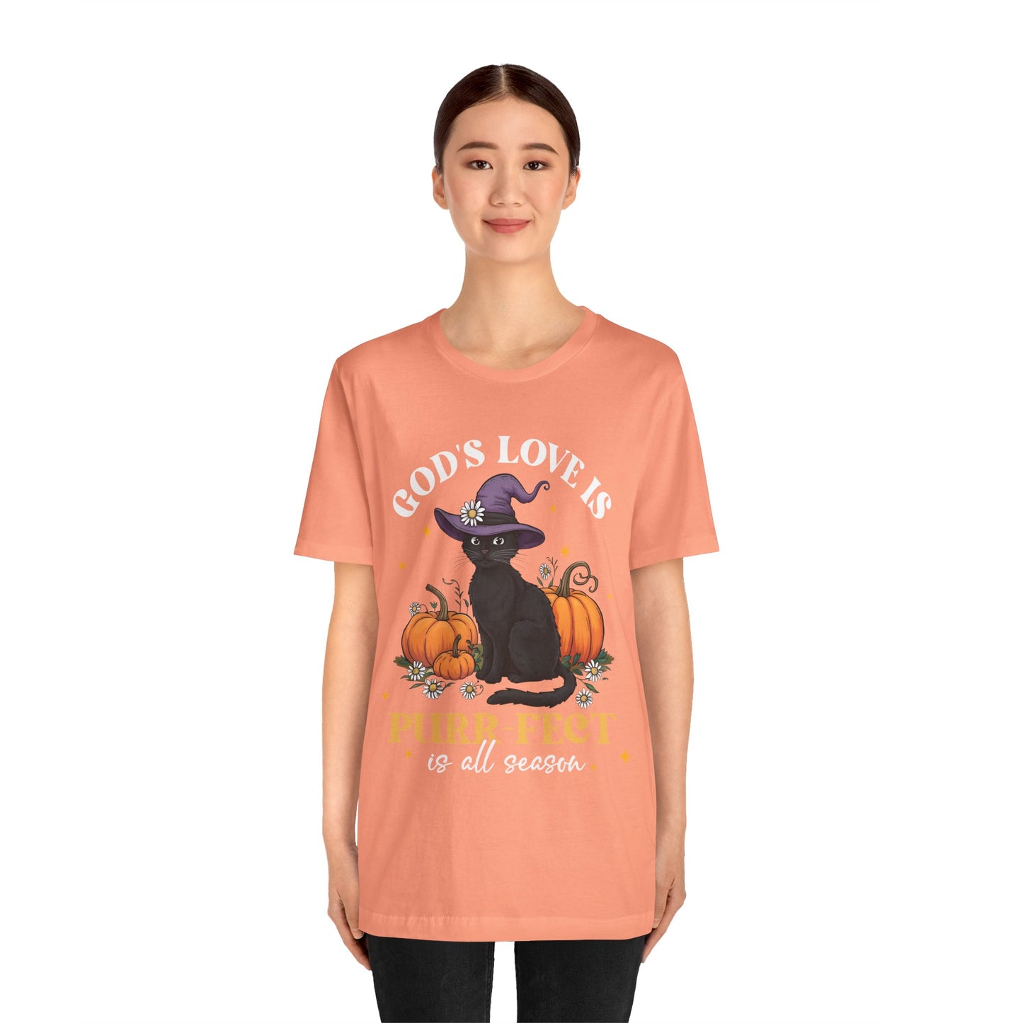 God’s Love Is Purr-fect Shirt – Cute Christian Black Cat Pumpkin Fall Faith Tee