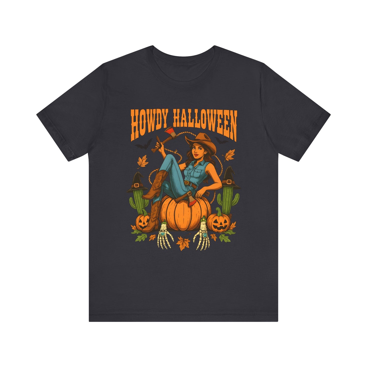 Howdy Halloween Shirt – Cowgirl on Pumpkin Tee with Skeleton Hands