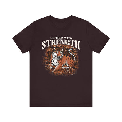 Clothed With Strength Shirt – Christian Tiger Cherry Blossom Proverbs 31:25 Tee