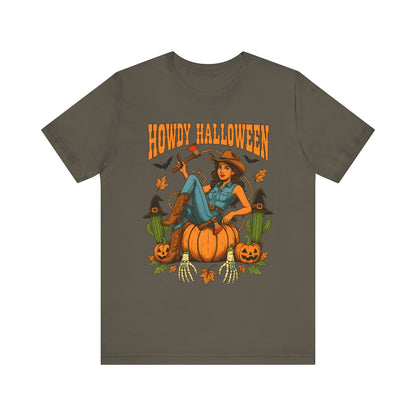Howdy Halloween Shirt – Cowgirl on Pumpkin Tee with Skeleton Hands