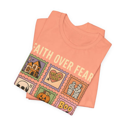 Faith Over Fear Shirt, Christian Halloween Stamp T-Shirt, Religious Spooky Season Tee