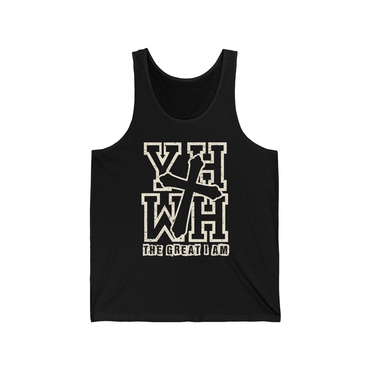 YHWH Bold Cross Tank – The Great I Am Distressed Christian Faith Unisex Jersey