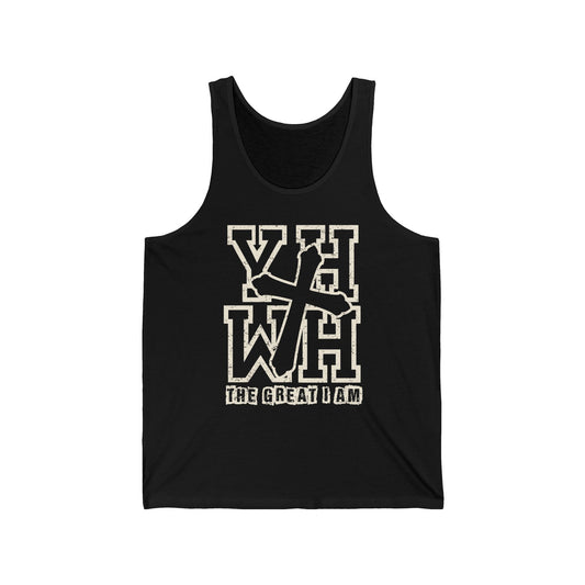 YHWH Bold Cross Tank – The Great I Am Distressed Christian Faith Unisex Jersey