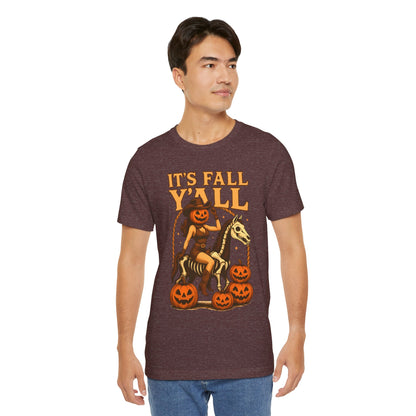 It’s Fall Y’all Shirt – Pumpkin Head Cowgirl Skeleton Horse Western Tee