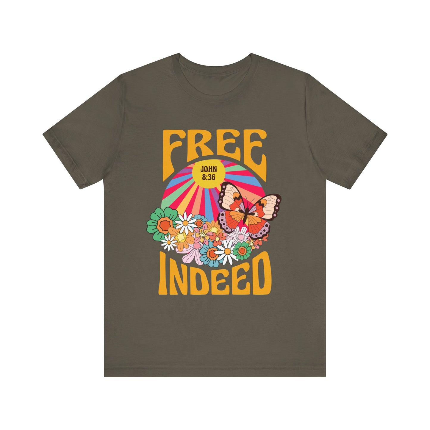 Free Indeed Shirt – Retro Flowers & Butterflies 80s John 8:36 Christian Tee