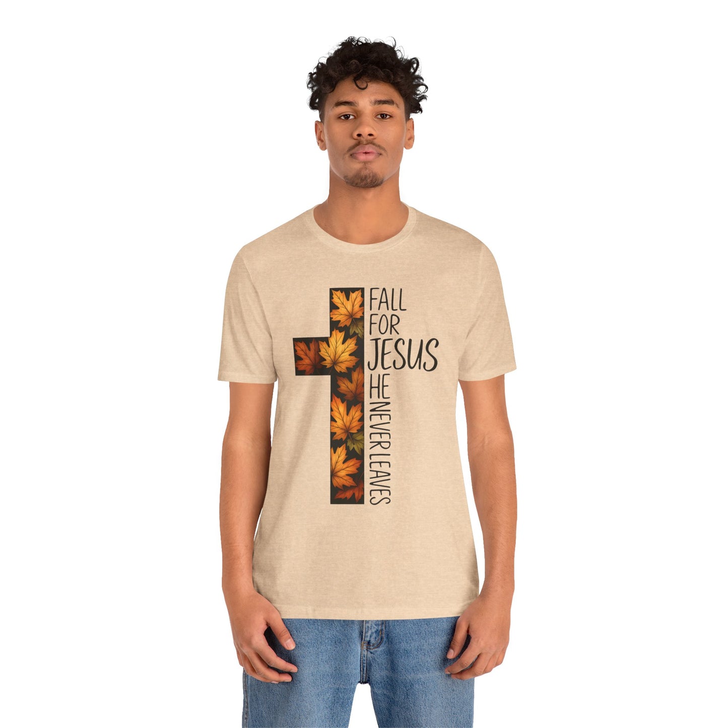 Fall for Jesus He Never Leaves Shirt – Retro Christian Cross Thanksgiving Tee