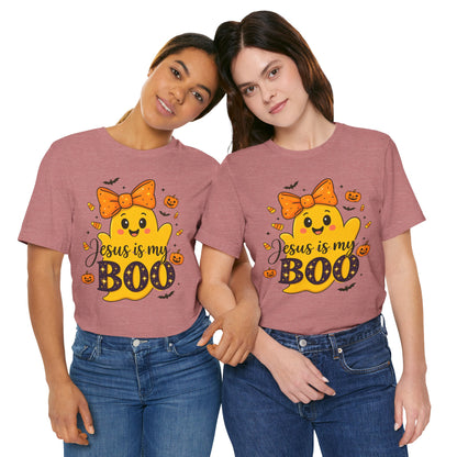 Jesus Is My Boo Shirt – Cute Christian Ghost with Bow Halloween Faith Tee