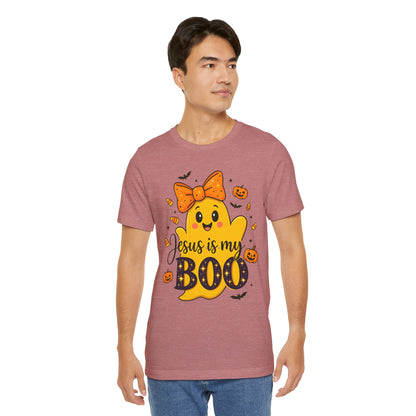 Jesus Is My Boo Shirt – Cute Christian Ghost with Bow Halloween Faith Tee